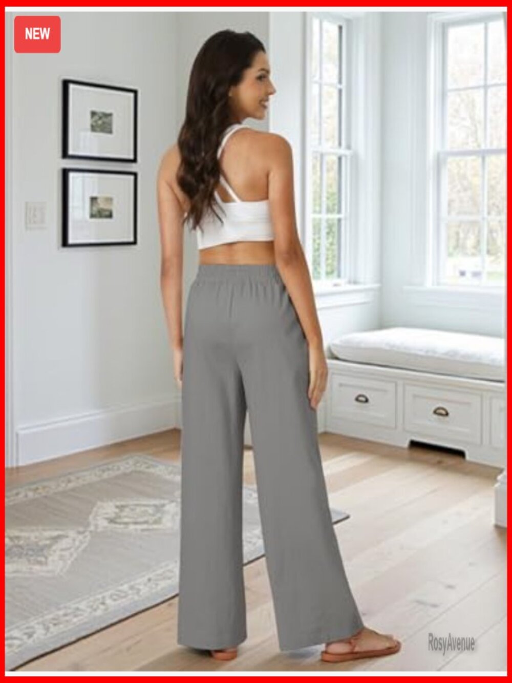 Palazzo Pants Casual Drawstring Flowy Wide Leg Summer Beach Linen Trousers with - Picture 4 of 7